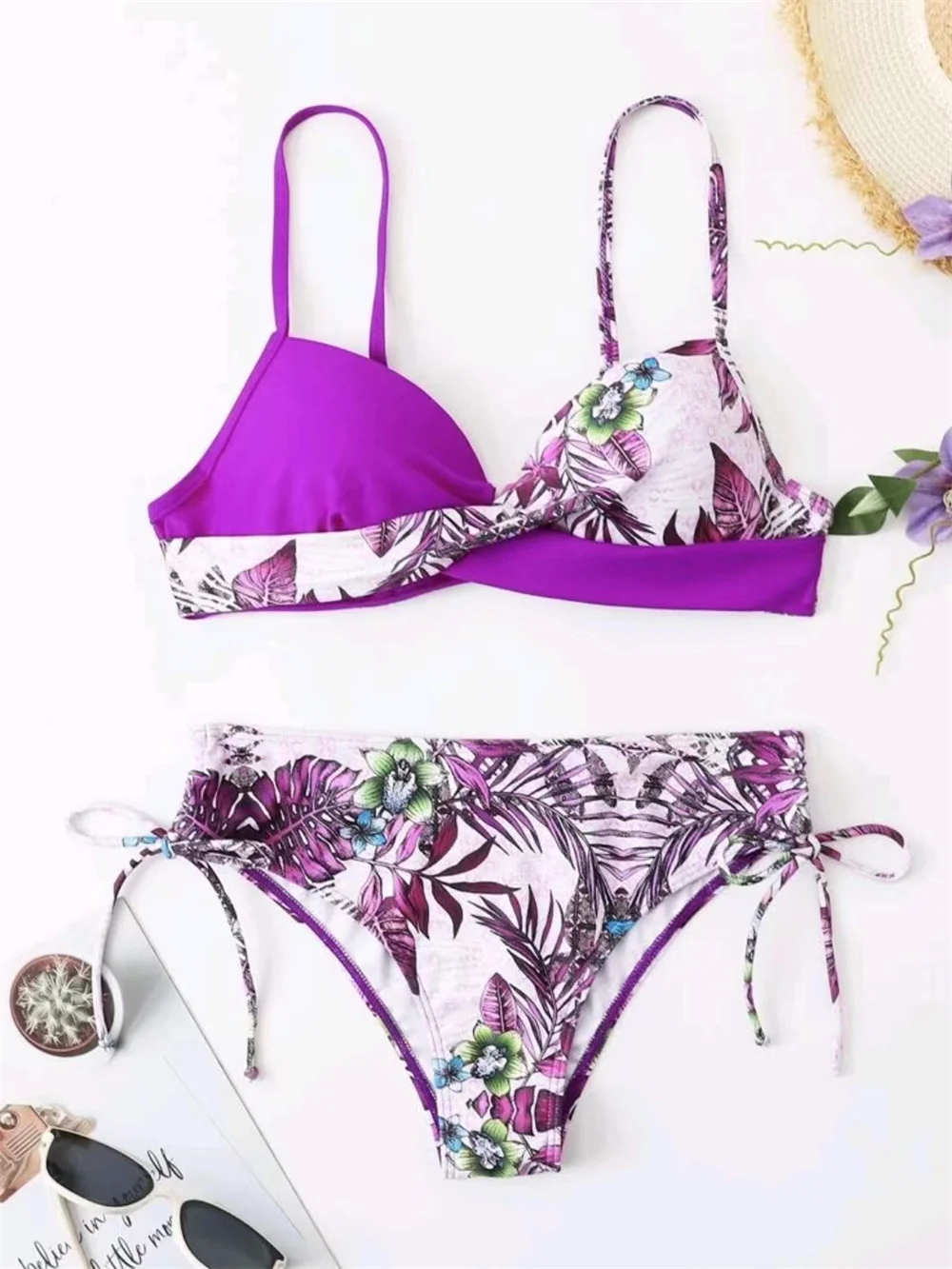 Винтажный комплект бикини с принтом бюстгальтер пуш-ап купальник цветочным