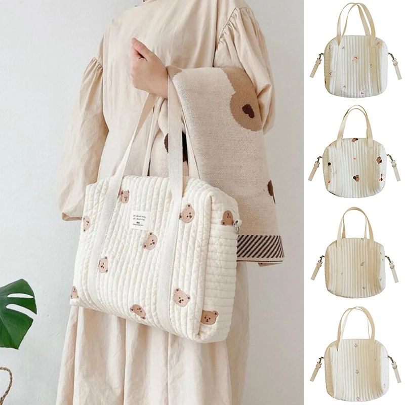 

Cotton Baby Stroller Bag Infant Diaper Storage Organizer Zipper Large Capacity Mommy Single Shoulder Bag Cute Bear Embroidery