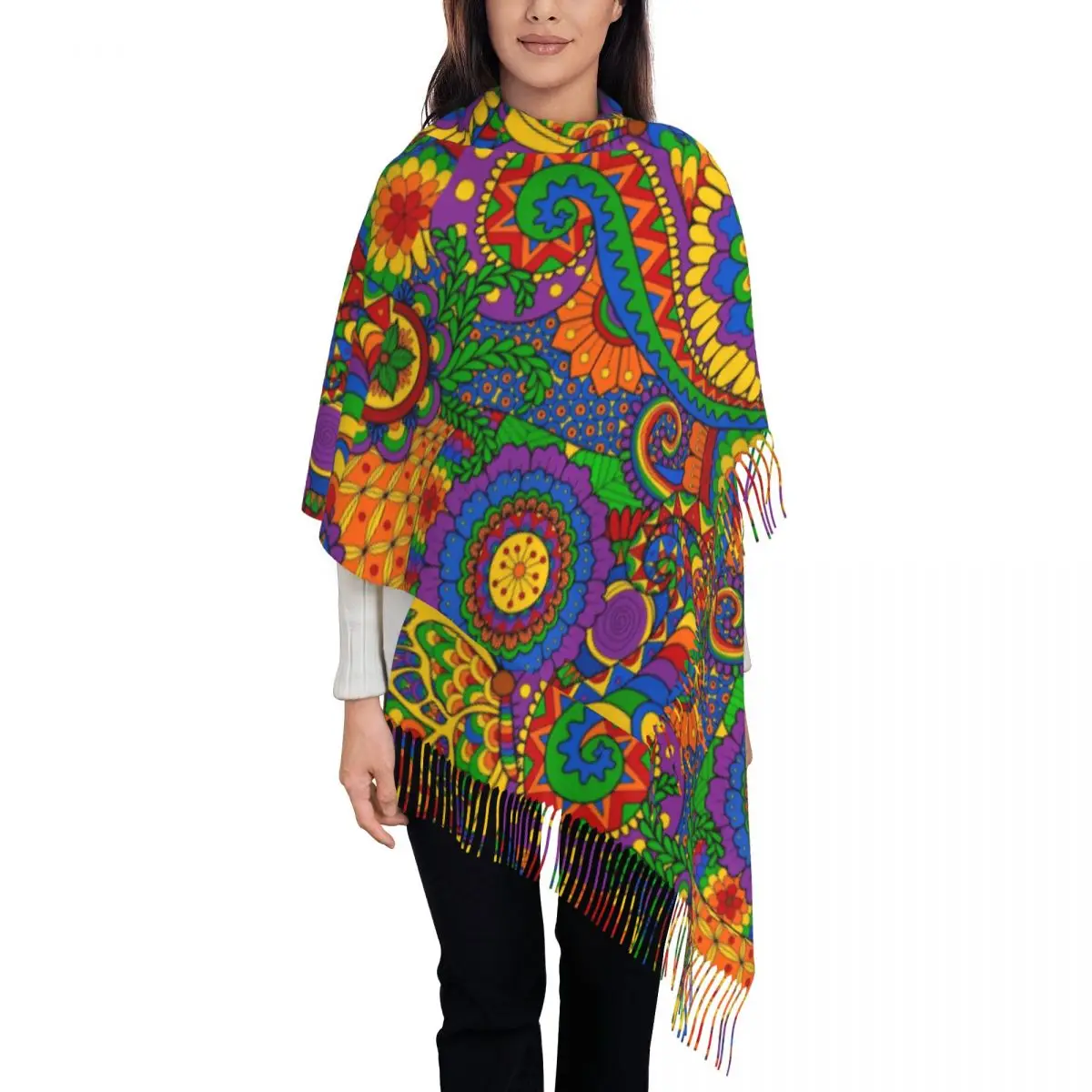 Happy Hippy психоделические шарфы с радужным принтом кисточкой зимние шали y2k уличные