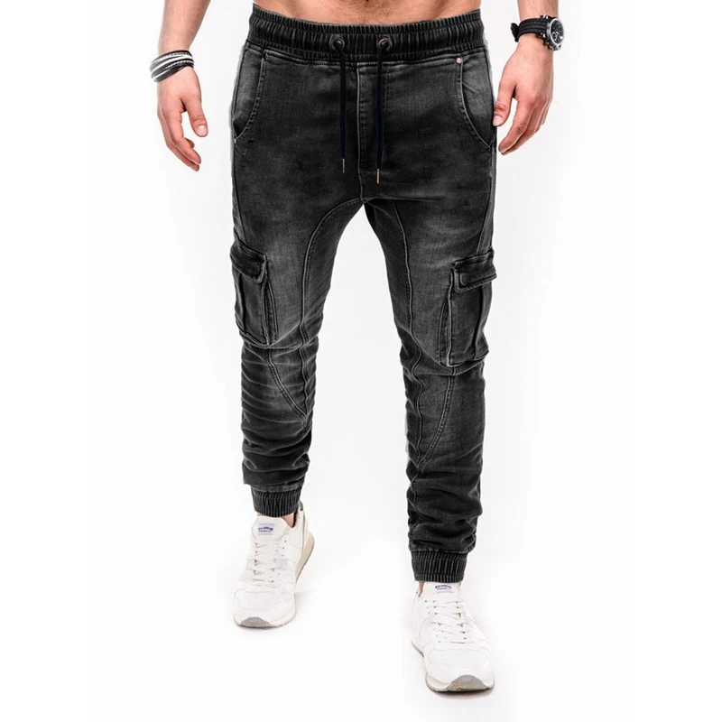 Men Jeans Spring Summer Solid Color Pocket Sports Stitching Jeans Men Casual Lace-up Mid-Waist Slim Denim Pencil Pants Trousers