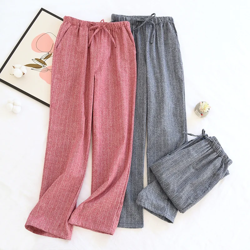 

Домашняя одежда 100%, мужские хлопковые штаны, в клетку, простые японские эластичные пижамные брюки с талией, женская одежда для сна в полоску ...