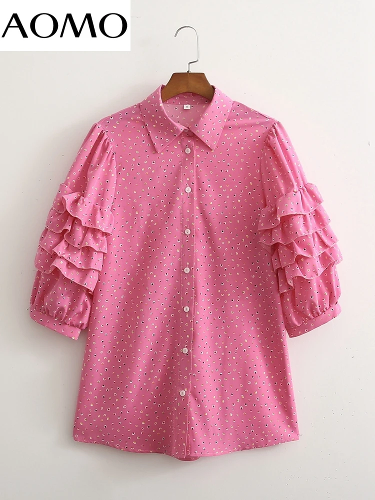 

AOMO Women Retro Pink Heart Print Romantic Blouse Shirt Ruffles Short Sleeve 2022 Chic Female Shirt Tops 1D70A