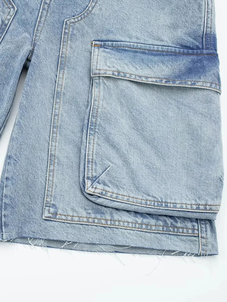 PAILETE Women 2023 fashion with pockets straight denim bermuda shorts vintage  mid-rise zipper fly female short pants mujer