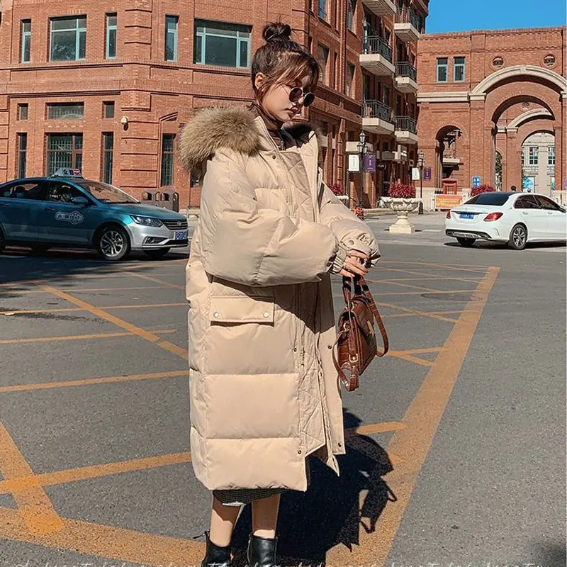 2022 Women Winter Hooded Down Padded Jacket Mid-length Korean White Loose Bread Jacket Thick Padded Jacket Tide Parker Overcoat