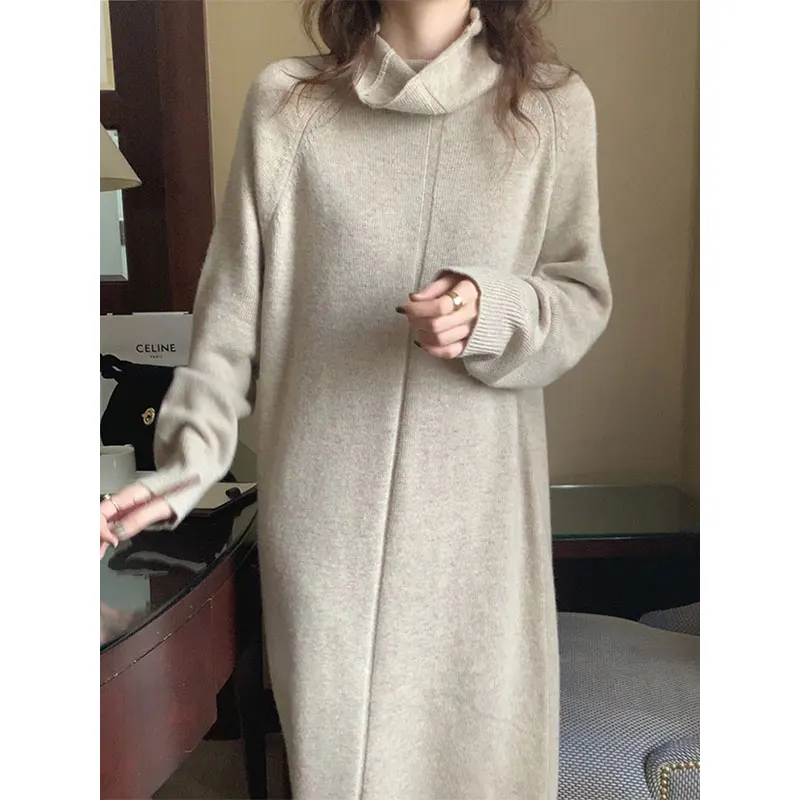 

Vintage Turtleneck Woolen Dress for Women Chic 2022 Winter Loose Long Knitted Vestido Lady Runway Design Korean Knitwear Autumn