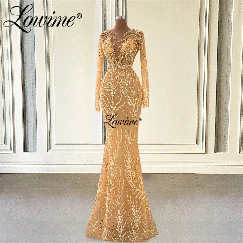 

Lowime Shiny Fabric Sequins Champagne Long Sleeve Party Dress 2023 Customized Mermaid Arabic Evening Gowns Crystals Prom Dresses