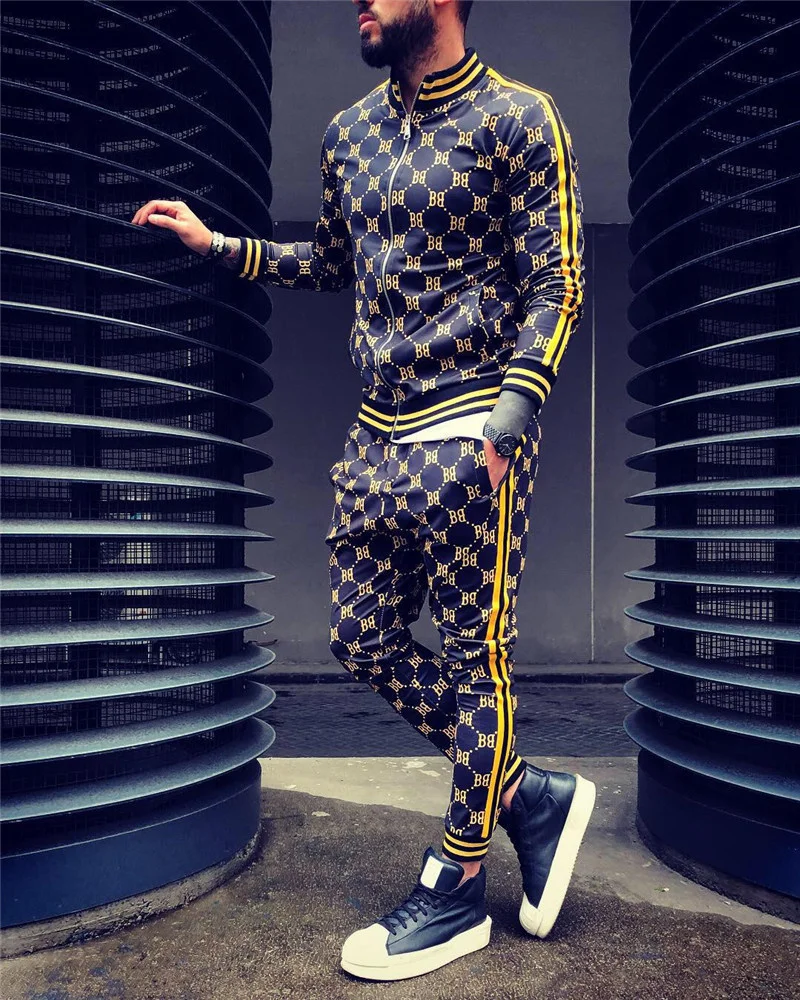 

2023 New Gyms Men's Sets 2 Pieces Sets Tracksuit Men's Jackets+Pants Suit Sportwear Gentlemen Plaid Mens Sports Suit Men Clothes