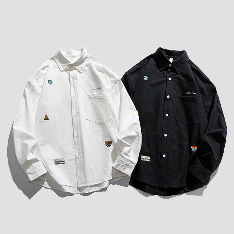 

Men's Casual Shirts Loose Oversize Fashion Trend Shirt Long Sleeve Solid Embroidered Design Tops Male Clothes Thin Spring Autumn