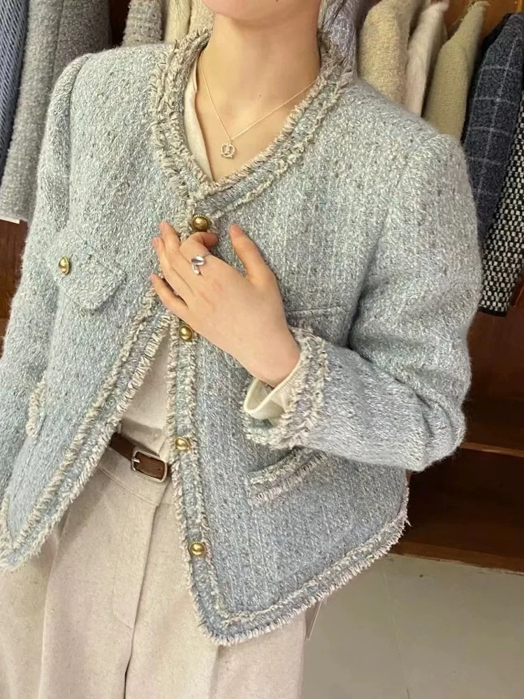 Синий флисовый пуховик изящная женская короткая куртка новинка зимы 2024