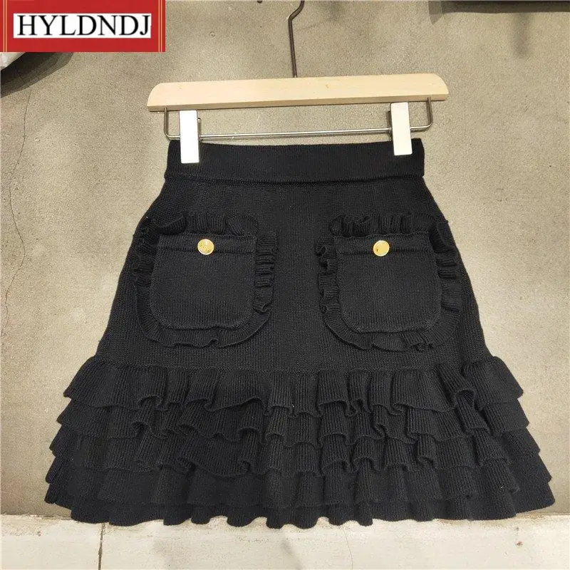 Women Knitted Mini Skirt 2023 Spring Summer Elegant Bodycon Pleated Skirt Pocket Runway Designer Femme All Match Faldas Mujer