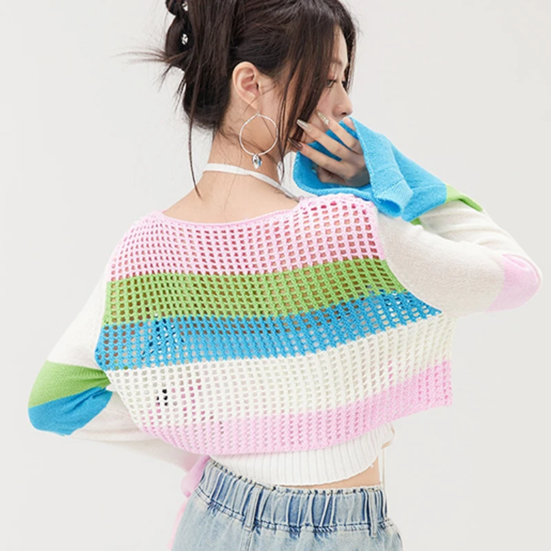 Винтажный цветной шикарный свитер с расклешенными рукавами пуловер круглым