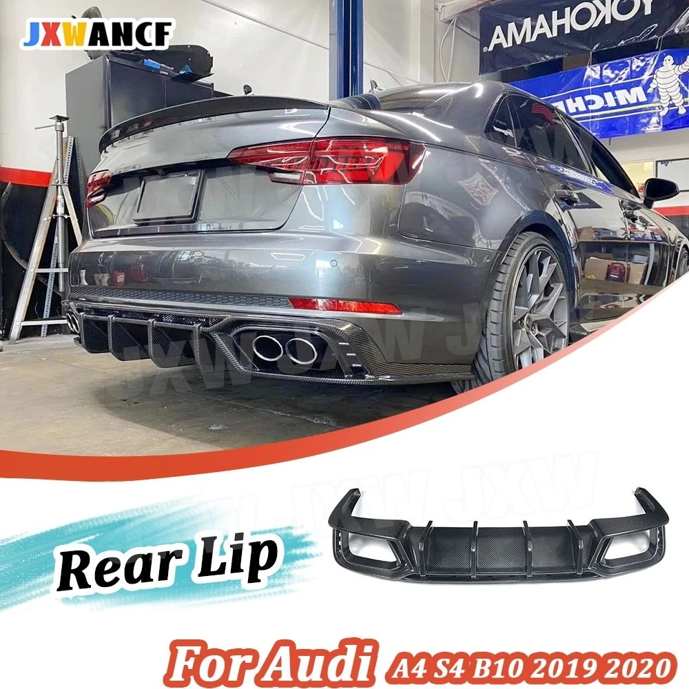 Фото JXWANCF Углеродное волокно, FRP, задний диффузор, спойлер для Audi A4 S4 B10 2019 2020, задний бампер, плавники в стиле акулы, защитная пластина №1