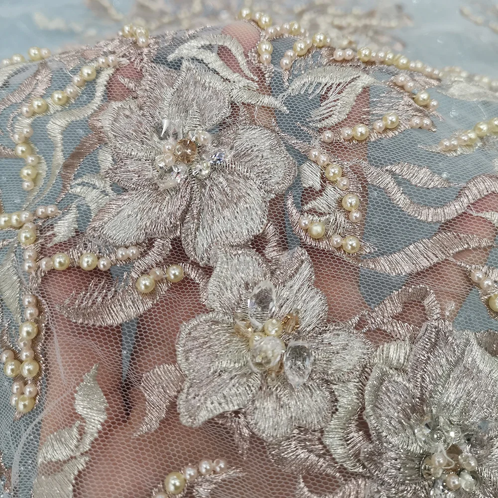 

Luxury Design Pink Flower Mesh Floral Embroidery Lace Handmade Heavy Beaded Fabric for Sewing Elegant Women Birthday Party Dress