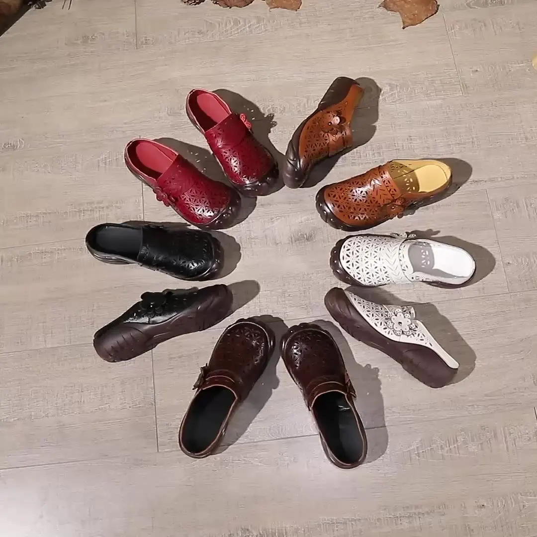 Summer Casual Women's Shoes Ethnic Style Leather Flower Breathable Women's Sandals Large Size Comfortable Soft Bottom Slippers