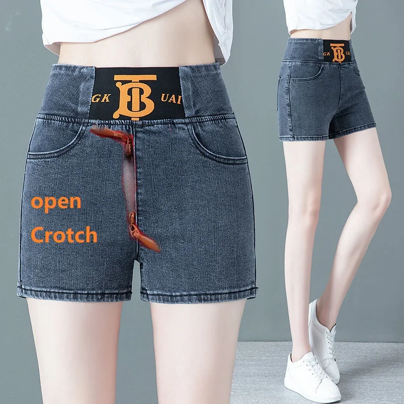 

Crotch Open Invisible Zipper High Waist Denim Shorts Women's Summer Outer Wear Elastic plus Size Slimming Versatile Casual