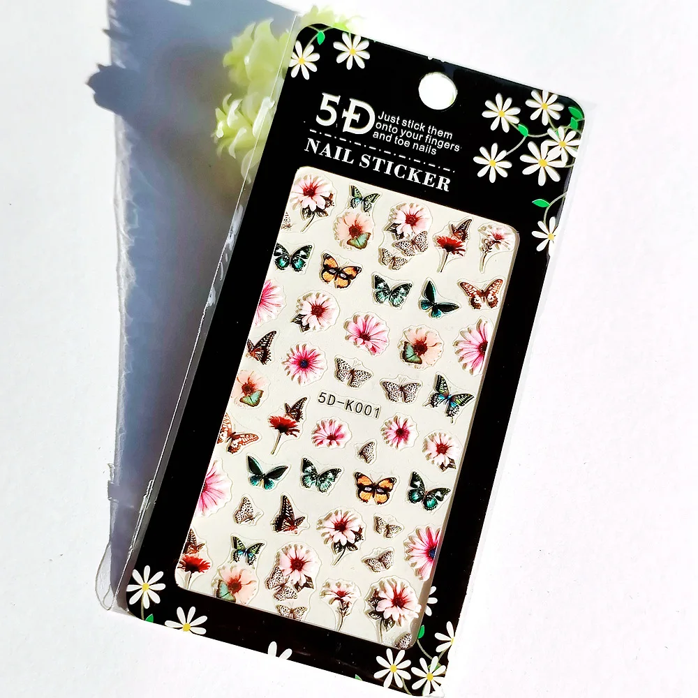 10PCS Plant Totem Nail Art Stickers Chrysanthemum  White Nail Art Decorative Decals 5D Glue Back Butterfly Cat Dog  Nail Slider
