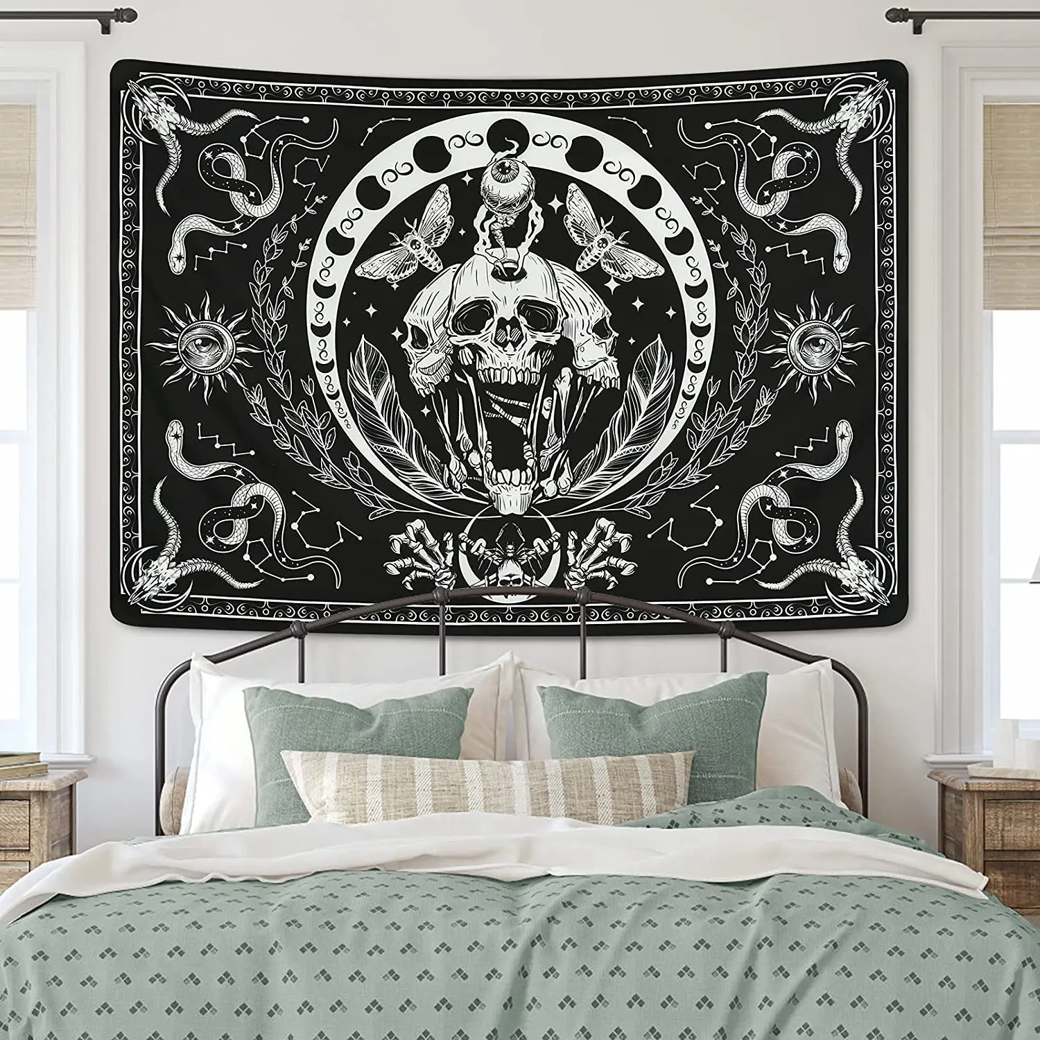 

Skull Tapestry Black White Tapestries Snake Moth Trippy Skeleton Tapestry Mandala Moon Phase Wall Hanging Cloth for Room Art