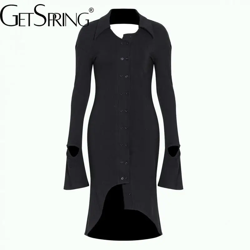 

Getspring Women Dress Hollow Out Asymmetrical Long Sleeves Black Knitting Dresses Irregular Vintage Sexy Long Dresses 2022 New