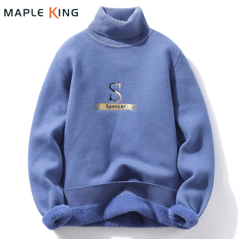 

Turtleneck Men Sweater Warm Fleece Knitted Pullovers Vintage 2022 Autumn Winter Mens Letter Embroidery Solid Color Jersey Hombre