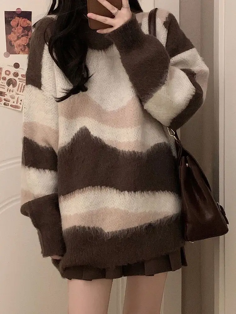 

Winter New Set Women Vintage Loose Idle Sle Contrast Color Knit sweater + Pleated Skirt Two-piece Set