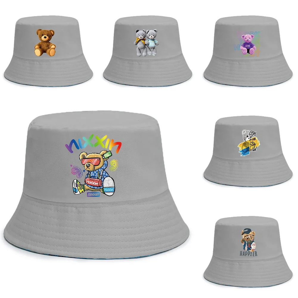

Fashion Bucket Hats Men Women Cotton Outdoor Reversible Fisherman Caps Beach Fishing Hat Girl Boy Bear Series Print Chapeau Caps