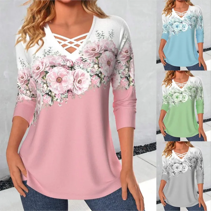 

Autumn New Loose Cross V-Neck Flower Print Long Sleeve T-shirt Casual Blusas Femininas Bonitas Tees Elegant Camiseta Mujer Tops