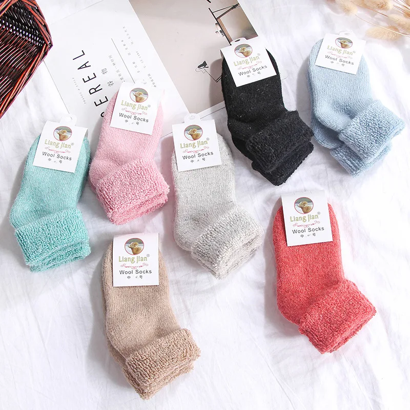 10 Pairs High Quality Winter Children Baby Super Thicken Real Wool Thermal Socks Solid Color Cashmere Snow Autumn Socks