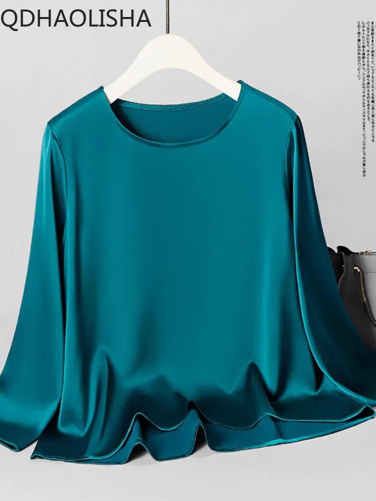 

Spring Summer New Korean Fashion Loose Top Slouchy Versatile Silk OL Shirt Tidy Silk Smooth Acetic Acid Satin Round Neck T-shirt