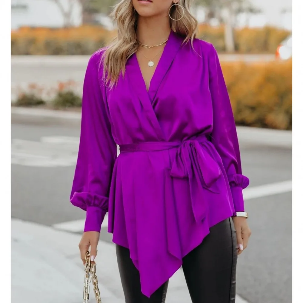

Purple V Neck Wide Long Sleeve Shirt African Clothing Slim Irregular Top Red Casual Women's High Waist Lace Up Shirt 2022 Spring