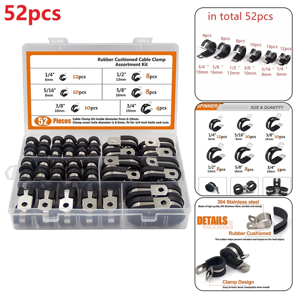 

52pcs/set Rubber Cushion Insulated Clamp Black Stainless Steel Pipe Clip For Fixing Pipe Hose Wire Hand Tool