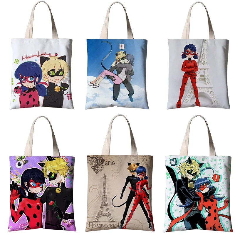 

Anime Ladybugs Girls Shopping Reusable Bag Cartoon Large Capacity Canvas Bag Kawaii Hand Shopping Bag Cute Storage Bags Gifts
