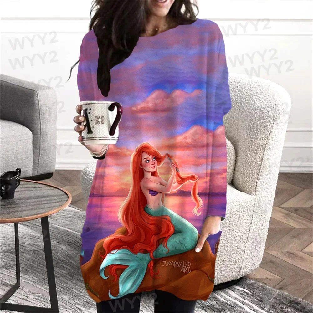 Women's Daily Street Mermaid Princess Print Long-sleeved Loose T-shirt Retro Pullover Shirt Autumn And Winter Round Neck