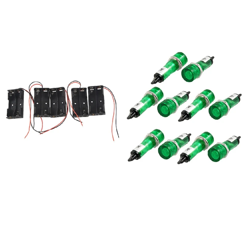 

5 Pcs 2 x 1.5V AA Battery Holder Case Box Black W Wire Leads with 10 Pcs DC 12V Recessed Green Pilot Light