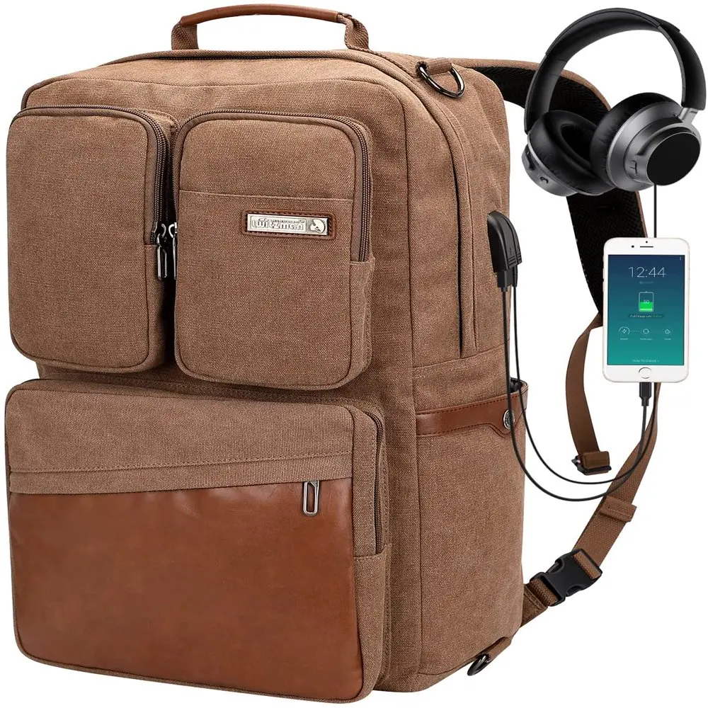 Vintage Canvas Backpack with USB Charging Port  Large Luggage Bag for Travel 6617 Brown