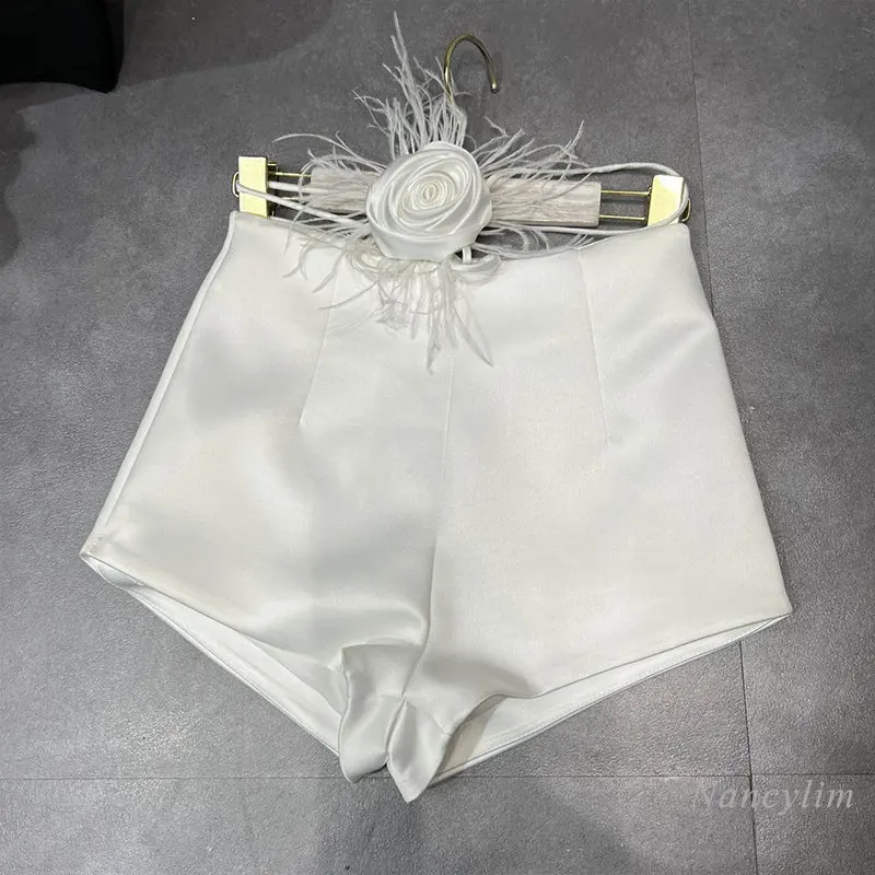 2023 Summer Shorts Women New Fashion Chic All-Match Feather Flower Belt Waist Shorts Slimming White Black