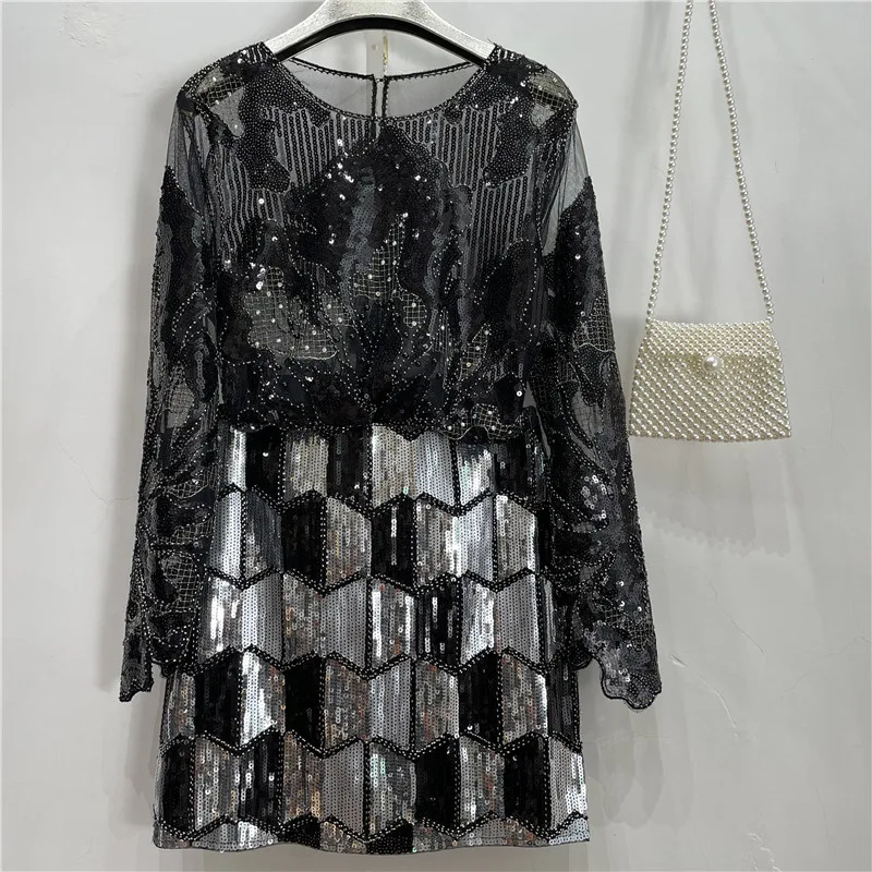 

Birthday party Korean New Women's fashion heavy craft nail bead long sleeve Sequin shirt with buttocks and skirt 2pcs set 5563