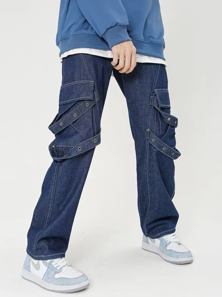 Retro Blue Cargo Wide Jeans for Men Fashionable Zipper Pockets Streamer Streetwear Casual Wide Leg Denim Overalls Hip Hop Denim