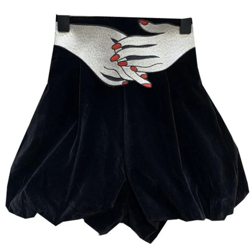 Дизайнерские женские вельветовые шаровары с высокой талией и вышивкой