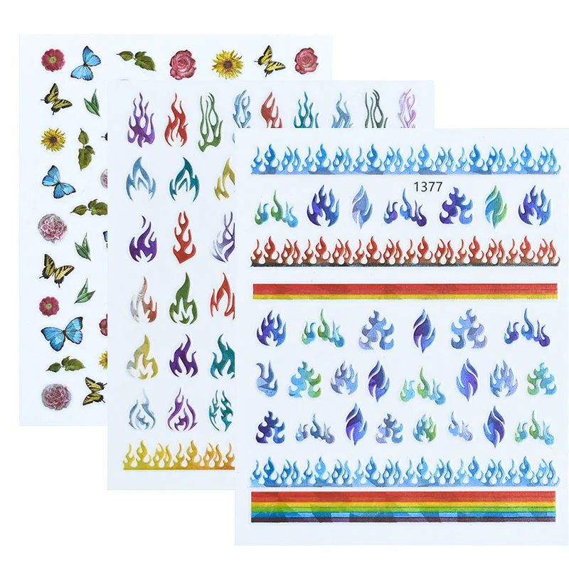 

1PCS Fire Flame Nail Art Stickers 3D Pink Black Design Adhesive Slider Foils Blue DIY Wraps Summer Decoration Decals