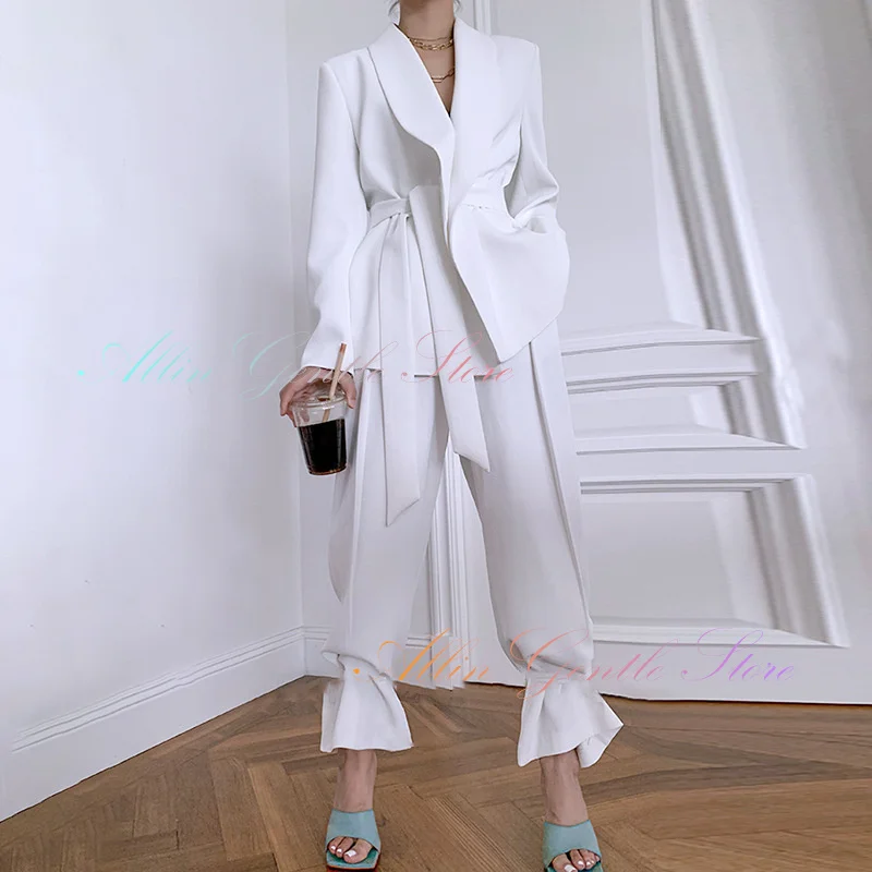 Shawel Lapel Lady Suits New Thin Elegant White Blazer Set Tailor Made 2 Pieces V Neck Jacket With Belt Trousers