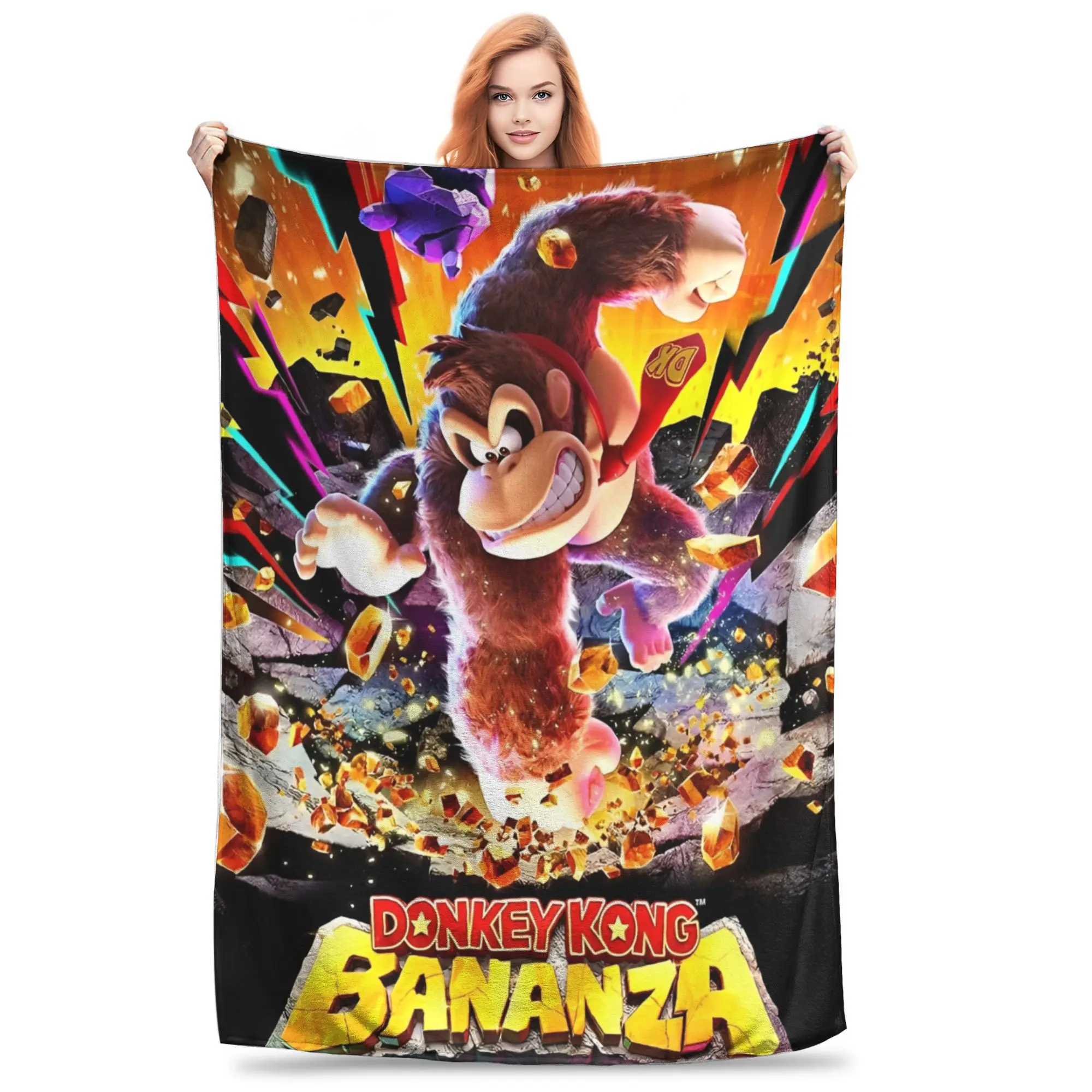Фото Игровое одеяло Donkey Kong Bananza, мягкое теплое плюшевое одеяло с узором для мальчиков и девочек, уличное фланелевое покрывало, покрывало на кровать №1