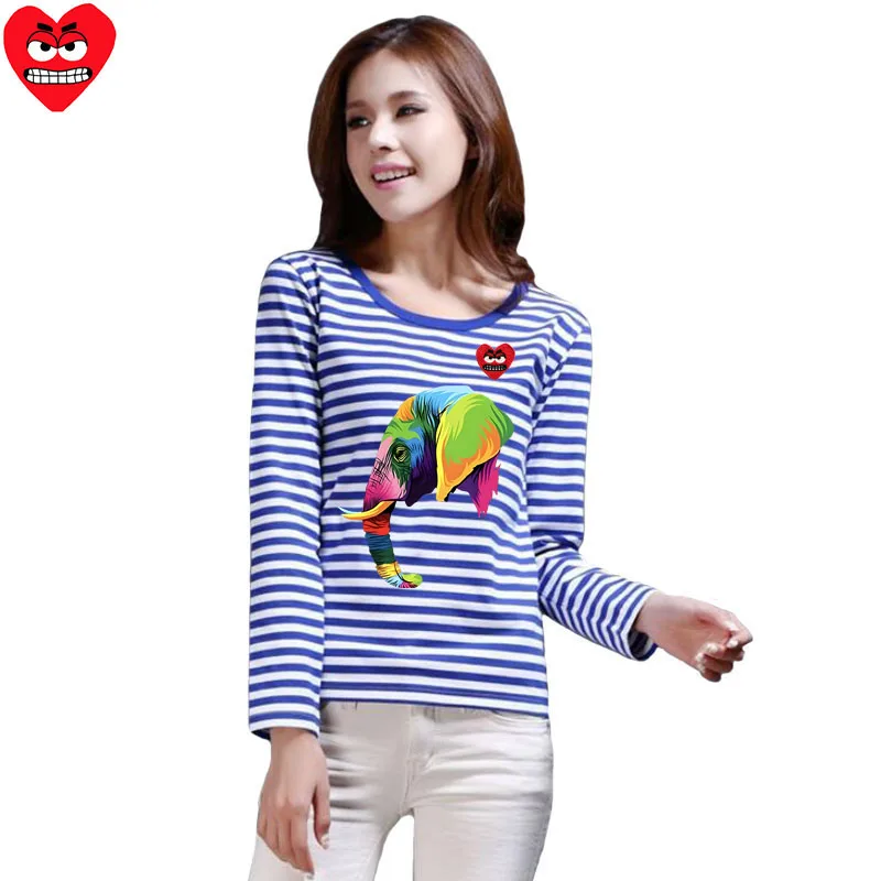 Женская полосатая футболка Break Egg хлопковая с вышитым слоном и длинными рукавами