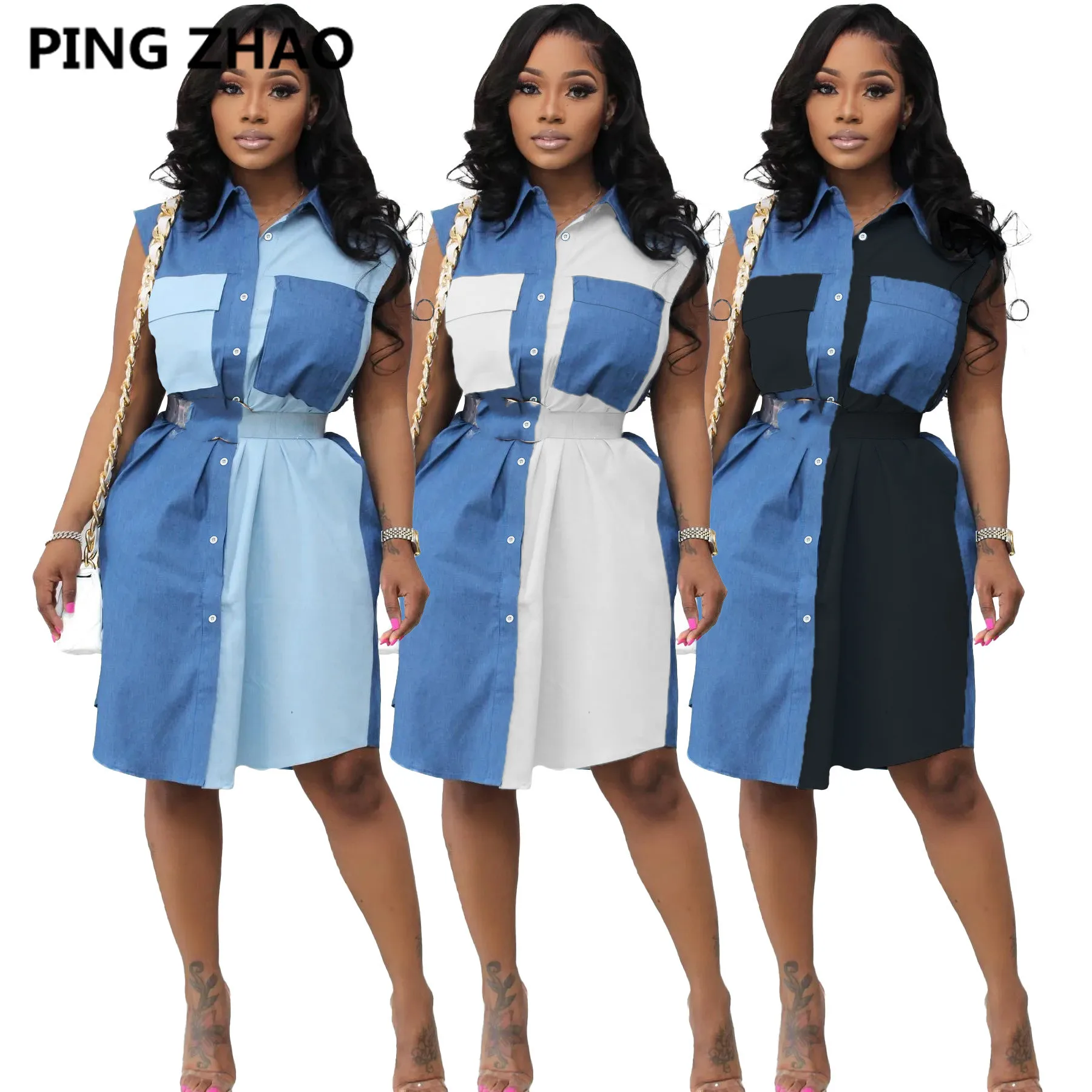 

Женское однобортное платье-рубашка без рукавов в стиле пэчворк PING ZHAO, модные облегающие платья, лето 2022