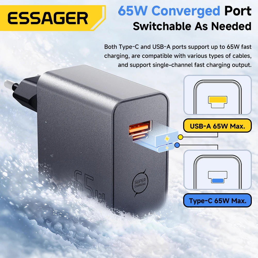 Фото Зарядное устройство ESSAGER 65W GaN 2-в-1 USB Type-C: полностью совместимое, быстрая зарядка для iPhone 17, Samsung S26, MacBook, ноутбуков Huawei №4