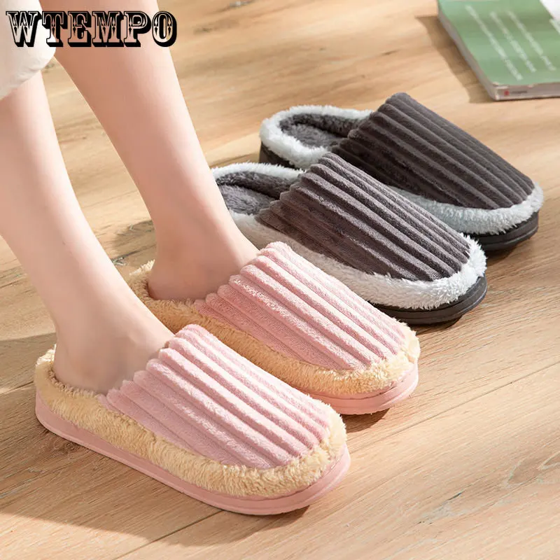 WTEMPO Couple Plush Anti-slip Cotton Slippers Autumn and Winter Men's and Women's Warm Flats Home Indoor Shoes Wholesale