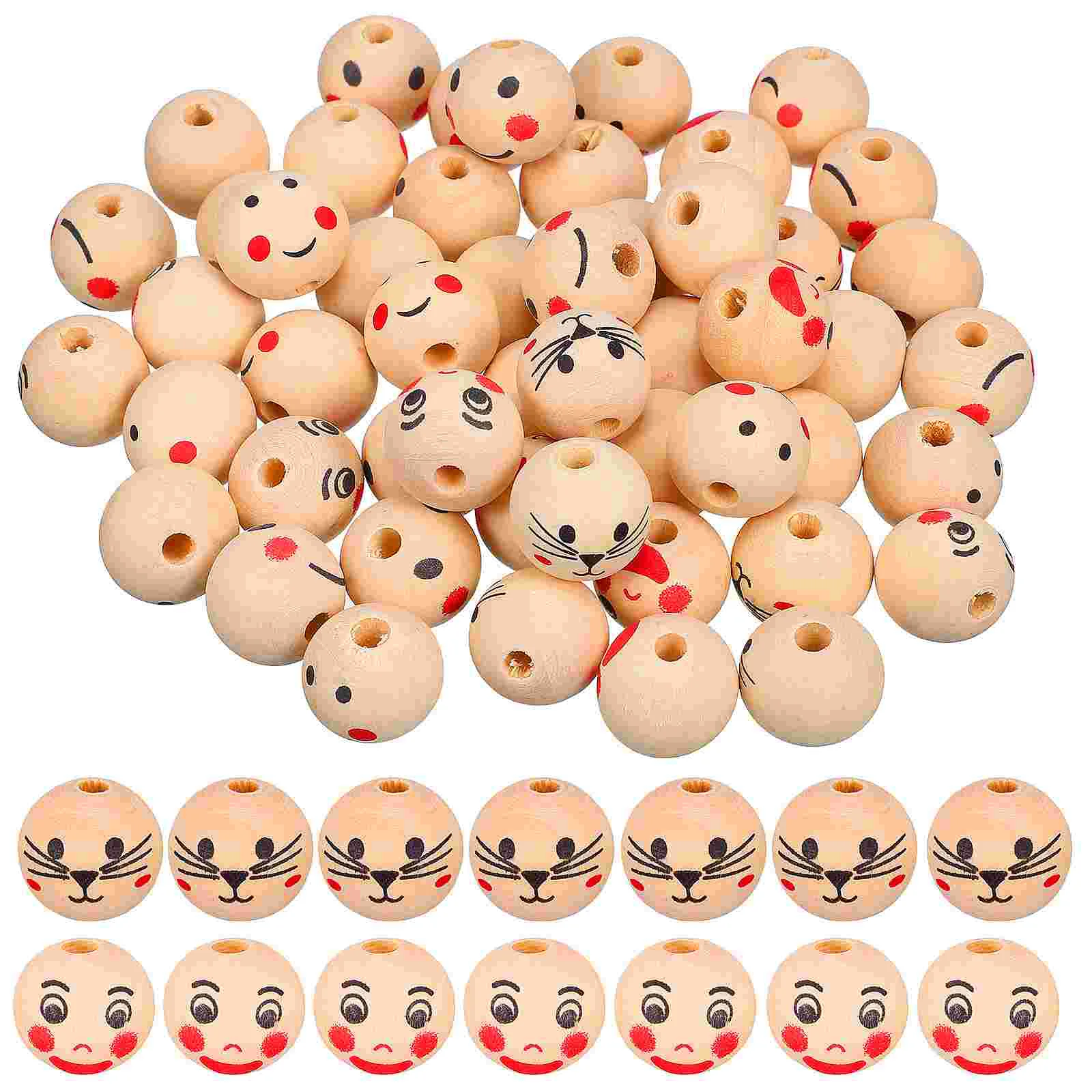 

50 Pcs Wood Craft Bead Smile Face Beads Decor For Crafts With Holes Jewelry Making Wooden Decorate