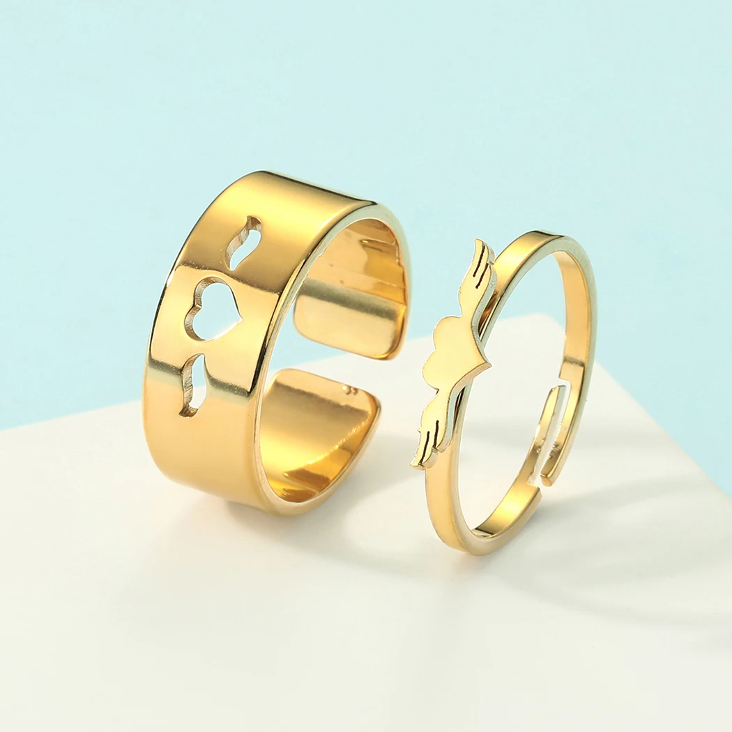 

2pcs Angel Wing Promise Open Rings for Women Girls Stainless Steel Engagement Wedding Couple's Matching Ring Lovers Jewelry Gift