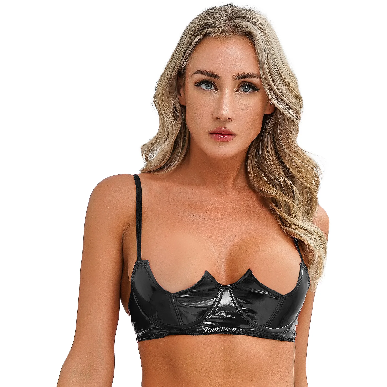 

Womens Sexy Half Cup Bra Underwired Bra Tops Solid Shiny Wet Look Patent Leather Brassiere Lingerie Exotic Tanks Top Bralette