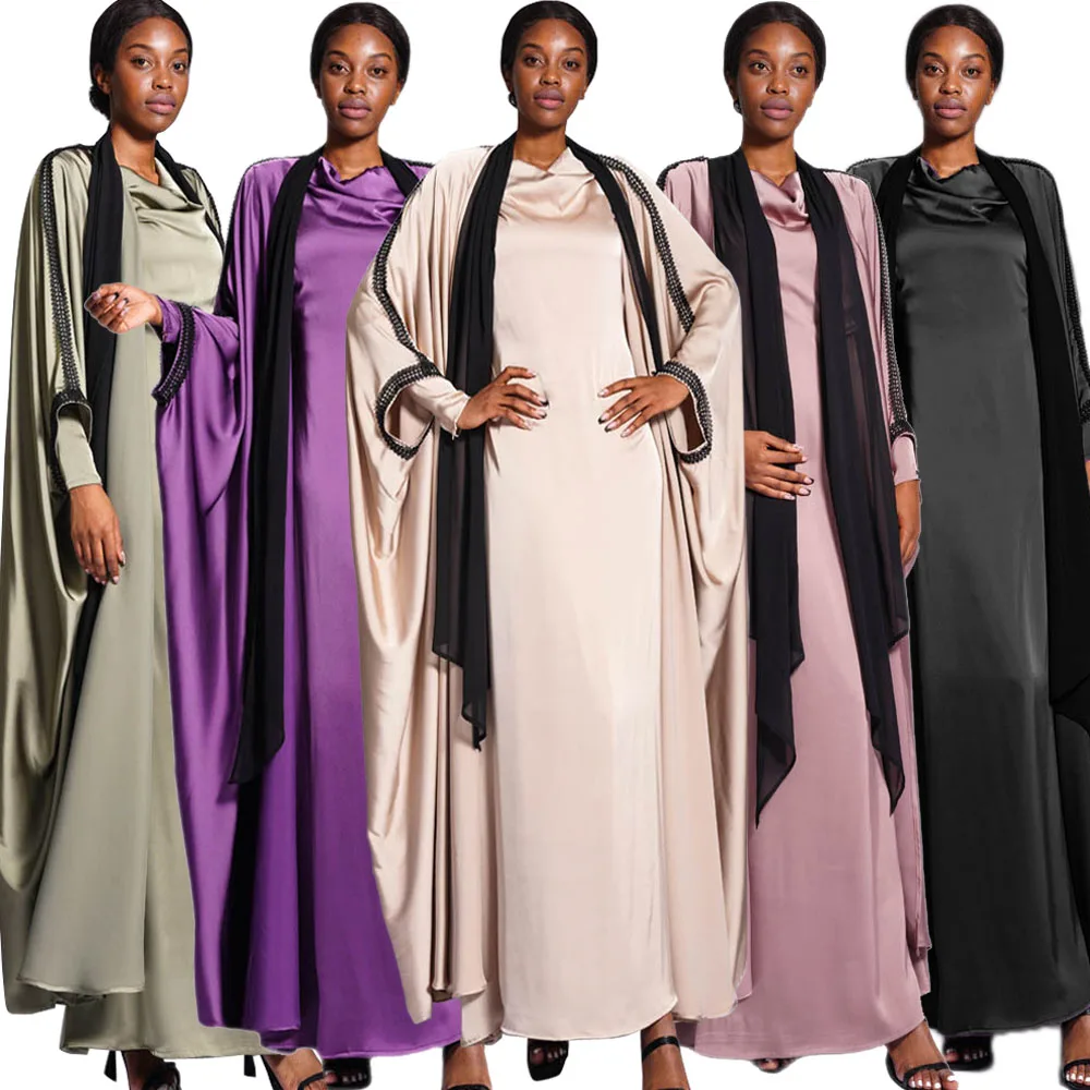 

2 Pieces Set Muslim Women Satin Open Abaya Kimono Cardigan Maxi Dress Islamic Outfits Dubai Kaftan Turkey Robe Caftan Eid Arabic