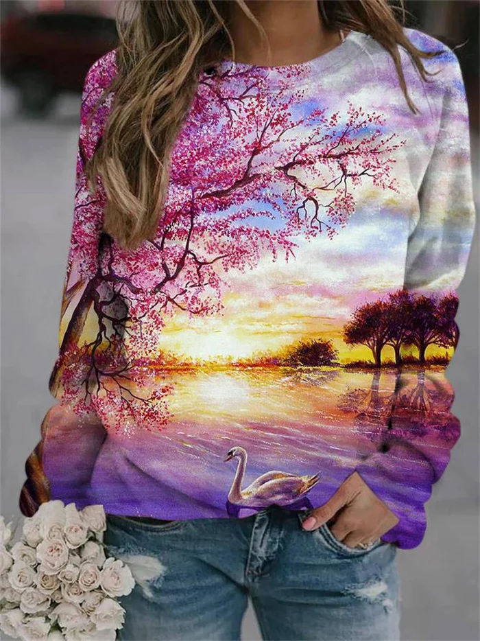 

2022 European and American Women's Pullovers Flowers 3D Landscape Digital Printing Women's Spring and Autumn Sweatshirt